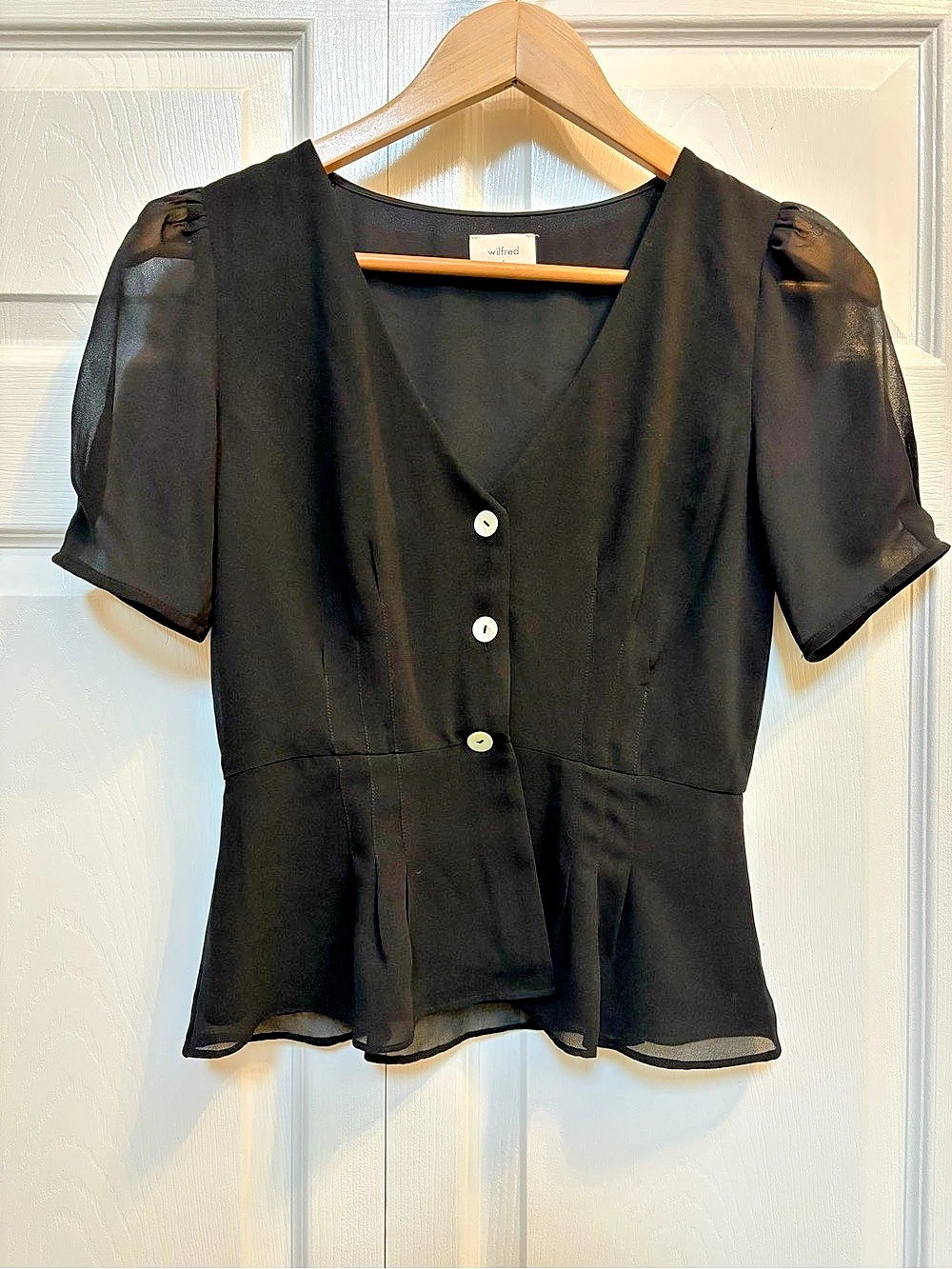 Wilfred Aritzia Black Sheer Sleeve Peplum Blouse Button Front Small
